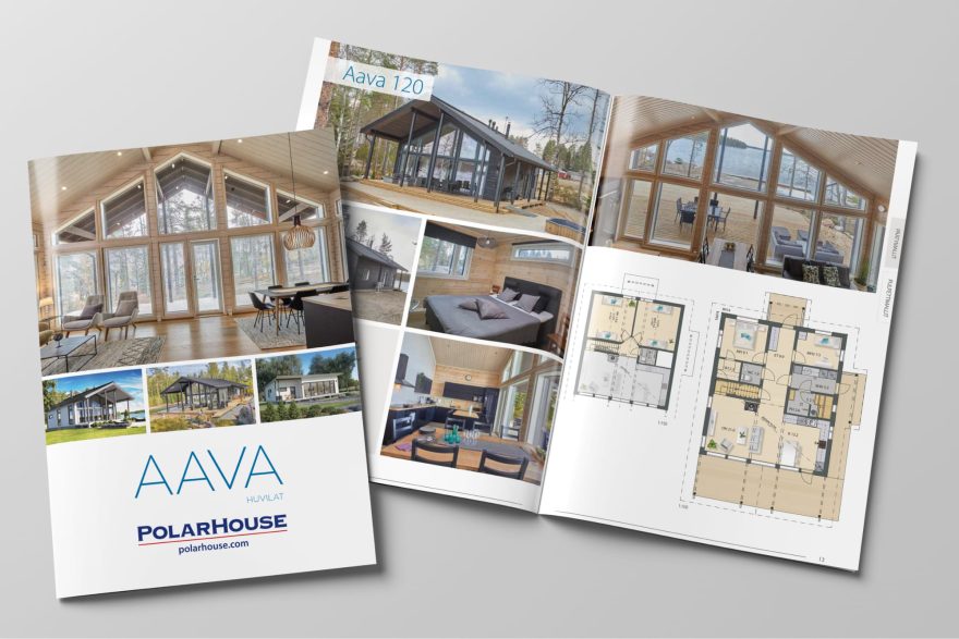 PolarHousen Aava-huviloiden talokirjan kansi ja aukeama, jossa sis&auml;kuvia ja pohjapiirroksia
