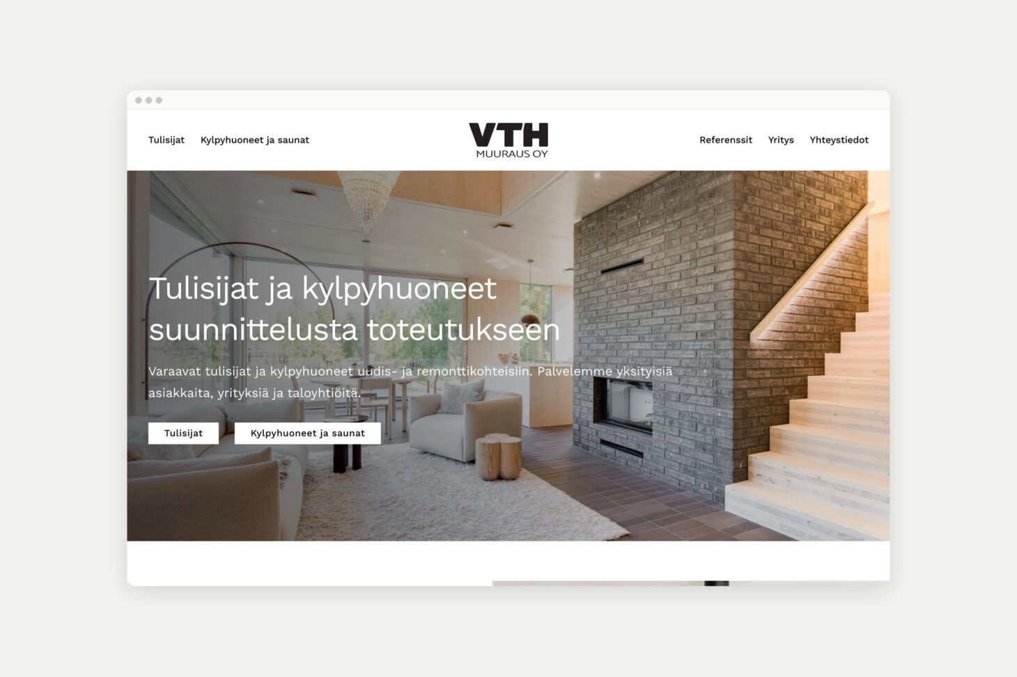 VTH-Muurauksen verkkosivujen etusivu, jossa on tiilitakka ja painikkeet tulisijoihin sekä kylpyhuoneisiin ja saunoihin