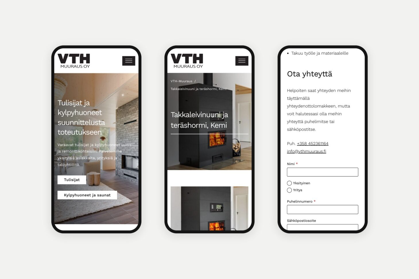 VTH-Muurauksen verkkosivut puhelimella: etusivu, kohdesivu ja tarjouspyyntölomake