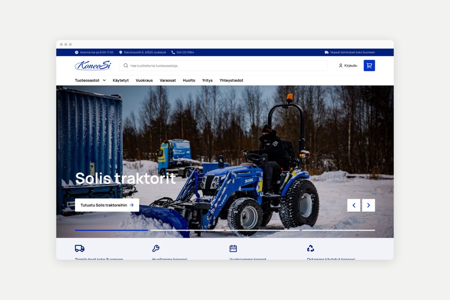 KoneeSin verkkokaupan etusivu, jossa on hakukenttä, tuoteosastot ja kuva Solis-traktorista lumitöissä