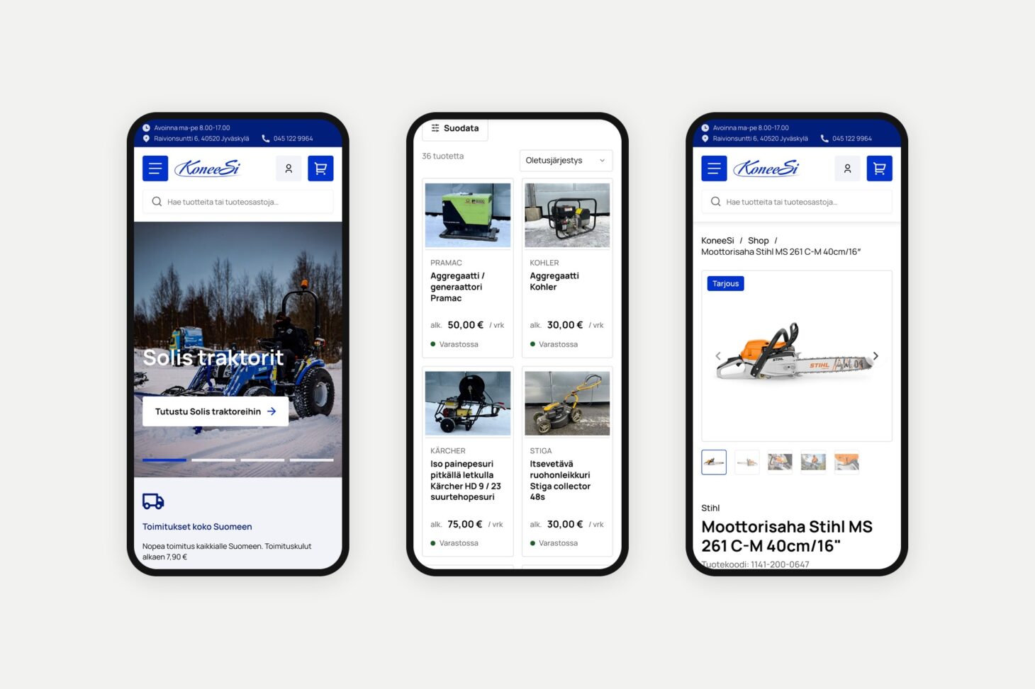 KoneeSin verkkokauppa puhelimella: etusivu, vuokrattavat koneet ja tuotesivu