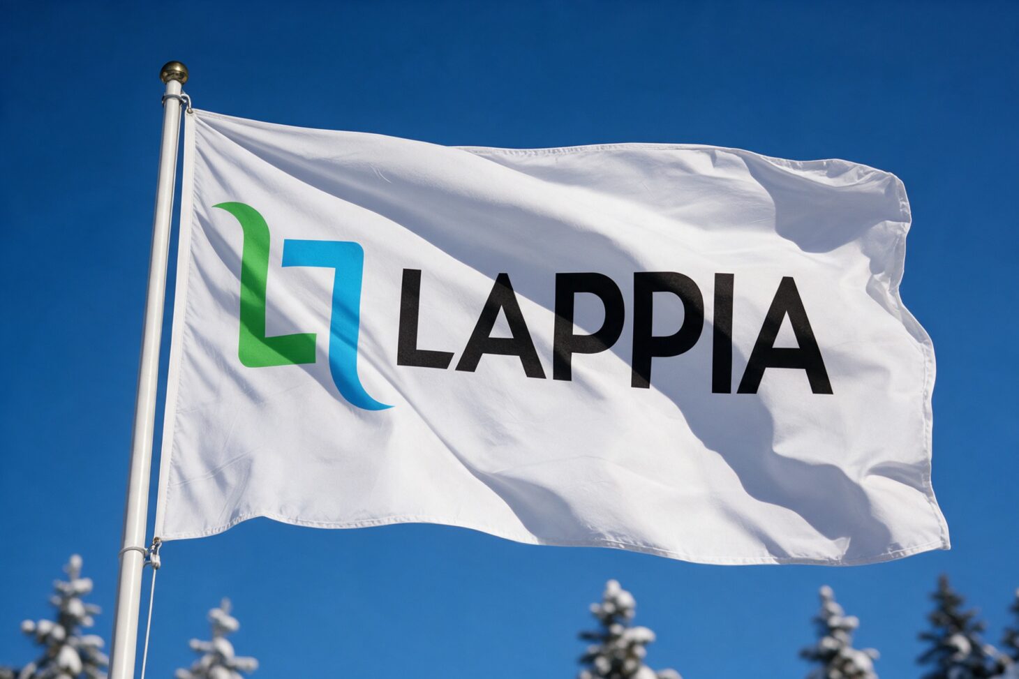 Lappian logo valkoisessa lipussa sinistä talvitaivasta vasten