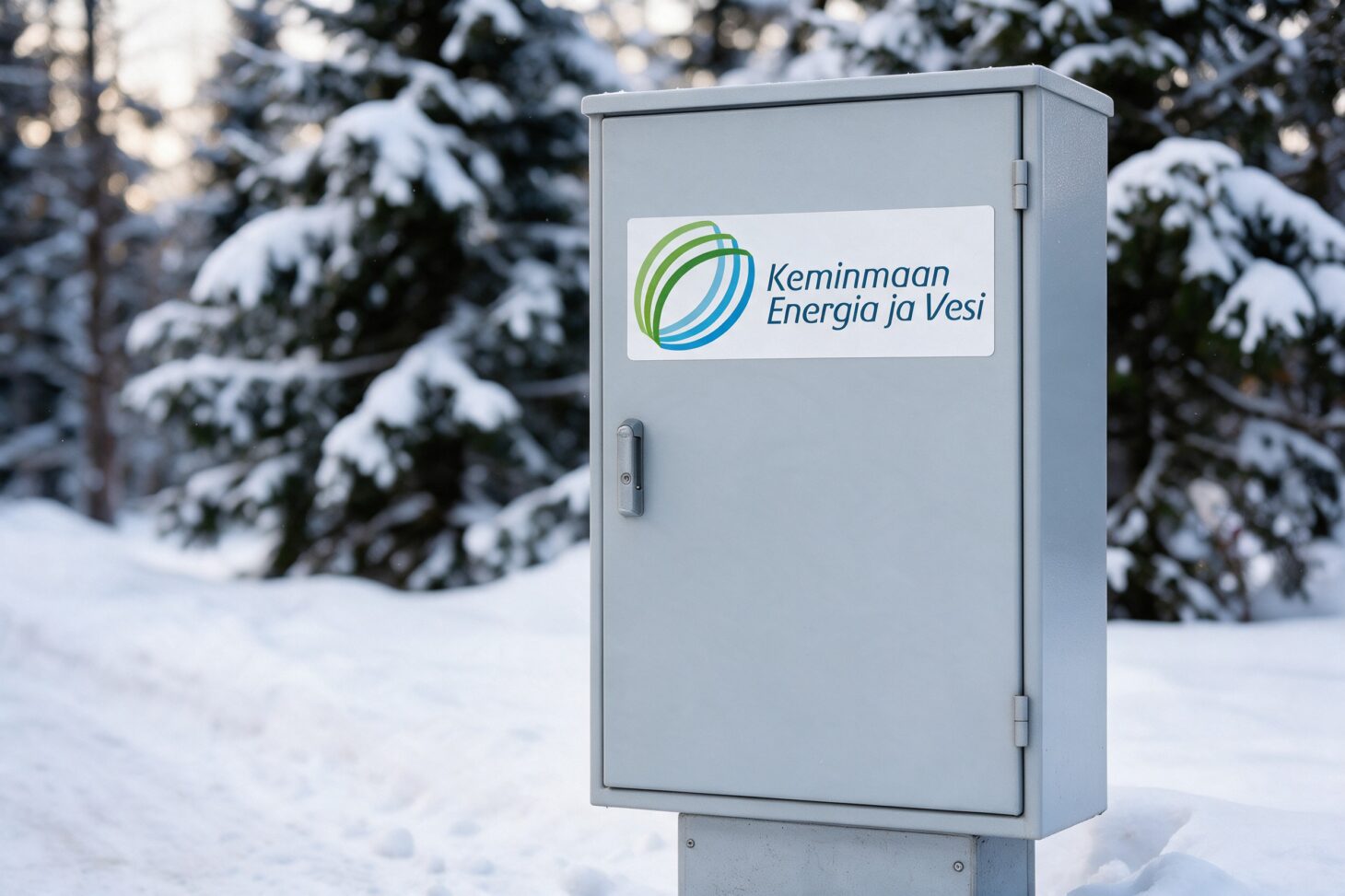 Keminmaan Energian ja Veden logo jakokaapin ovessa lumisessa metsässä