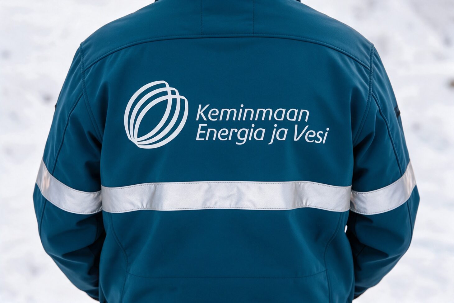 Keminmaan Energian ja Veden valkoinen logo sinisen työtakin selässä