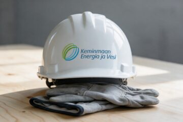 Keminmaan Energian ja Veden logo valkoisessa suojakypärässä työkäsineiden päällä