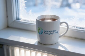 Keminmaan Energian ja Veden logo valkoisessa mukissa huurteisen ikkunan edessä