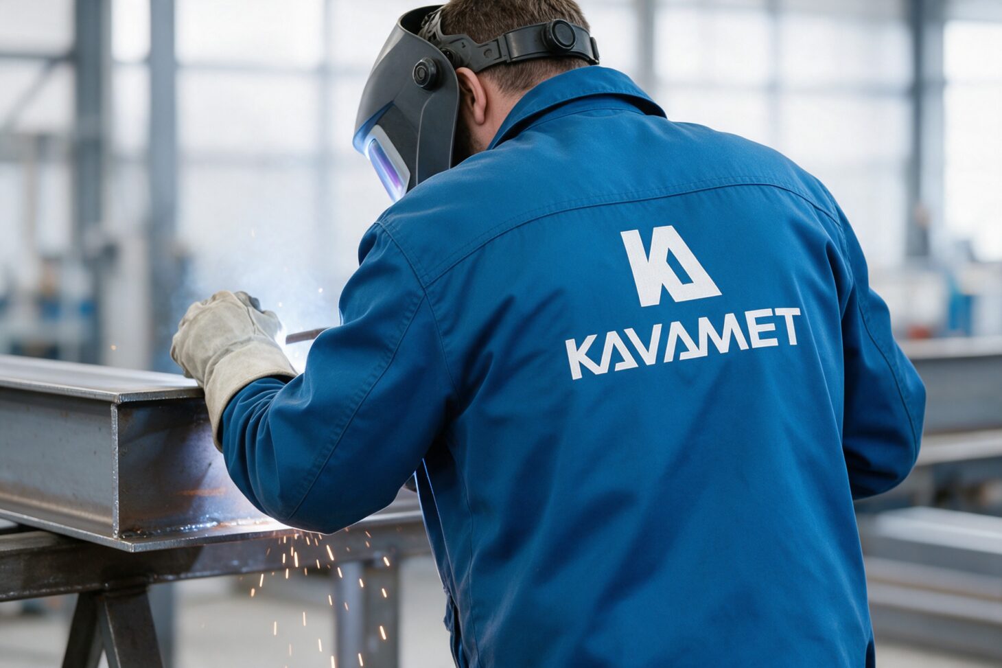 Kavametin logo hitsaajan työtakin selässä