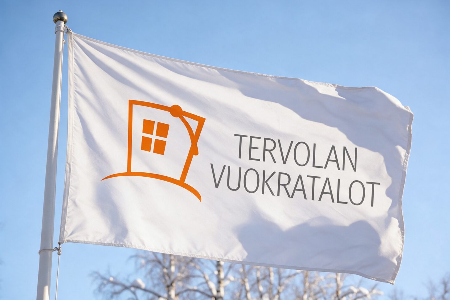Tervolan Vuokratalojen logo valkoisessa lipussa talvella