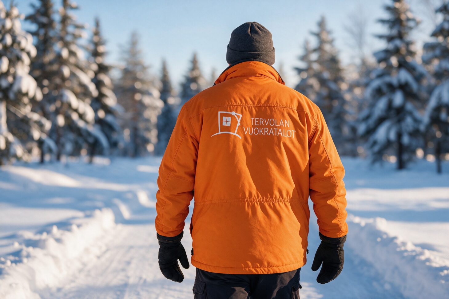 Tervolan Vuokratalojen logo oranssin talvitakin selässä lumisella tiellä