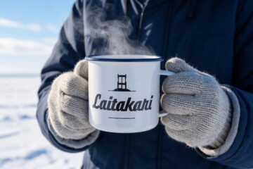 Laitakari ry:n logo emalimukissa talvisella merenjäällä