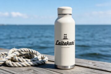 Laitakari ry:n logo termospullossa laiturilla