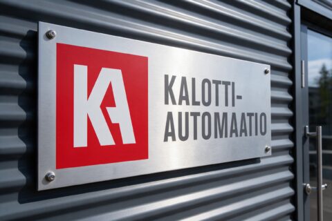 Kalotti-Automaation logo teräskyltissä hallin seinällä