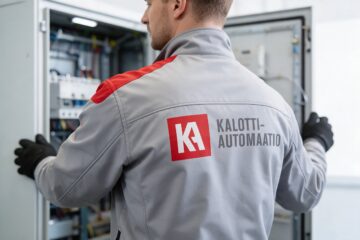 Kalotti-Automaation logo työtakin selässä sähkökaapin edessä