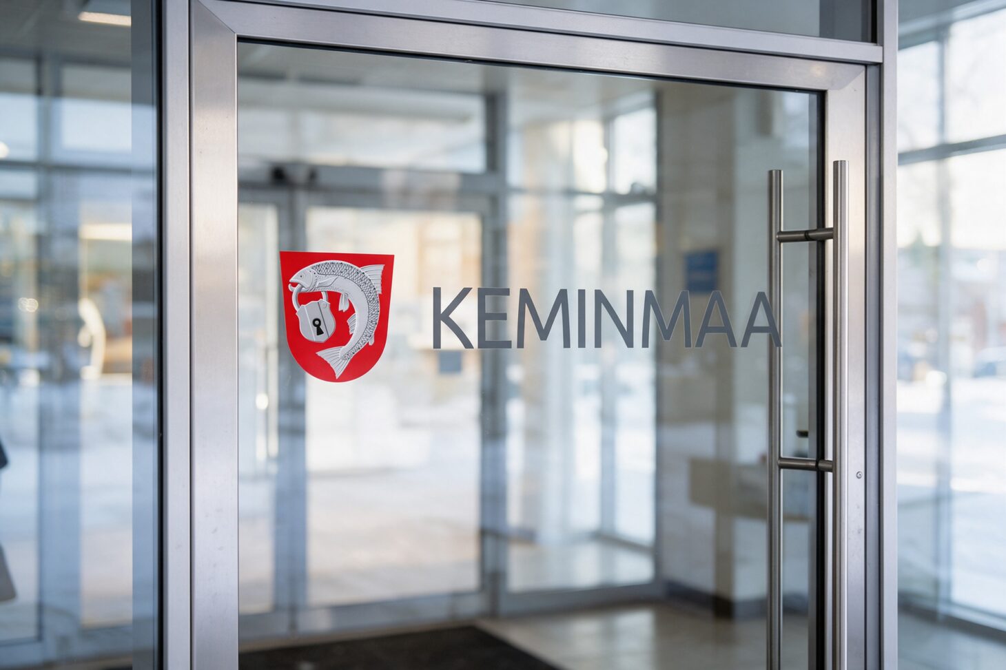 Keminmaan logo lasiovessa