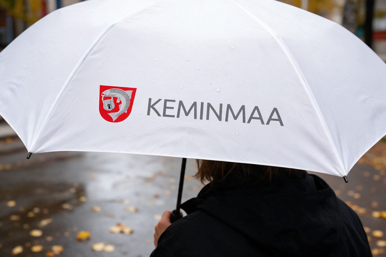 Keminmaan logo valkoisessa sateenvarjossa