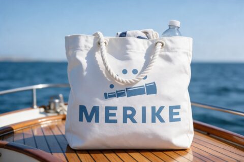 Meriken logo kangaskassissa veneen kannella