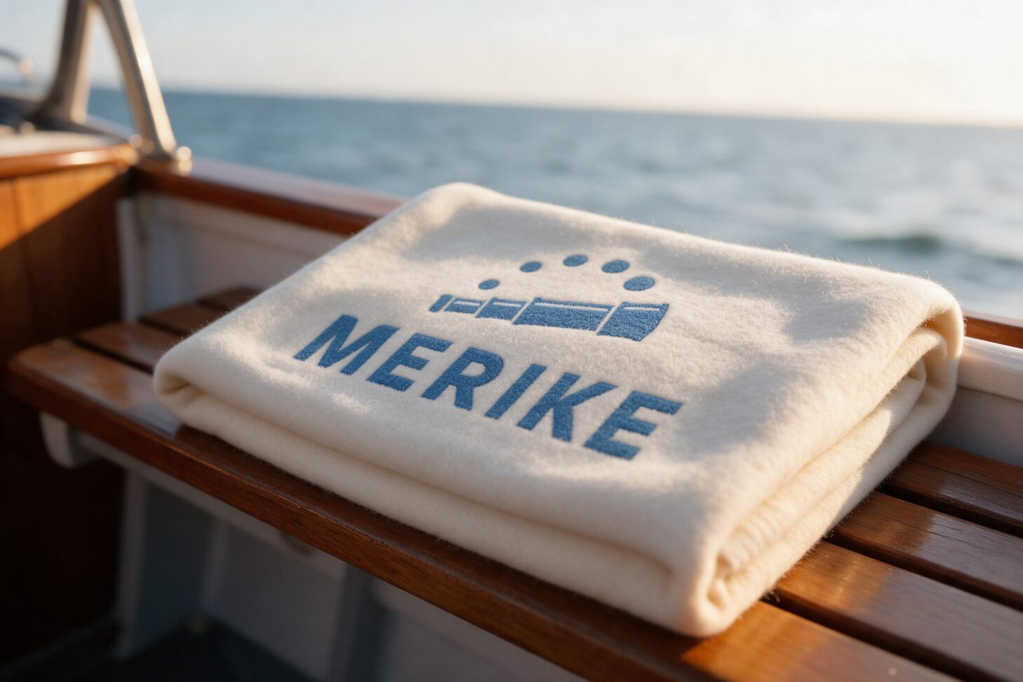 Meriken logo brodeerattuna huopaan veneen penkillä