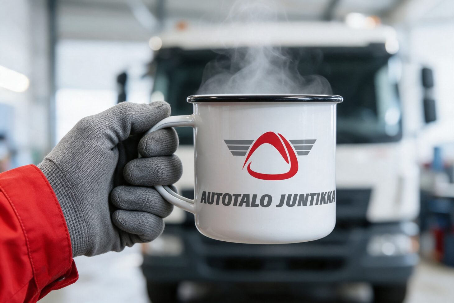 Autotalo Juntikan logo emalimukissa korjaamolla