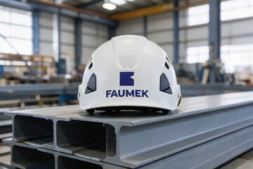 Faumekin logo suojakypärässä teräspalkkien päällä