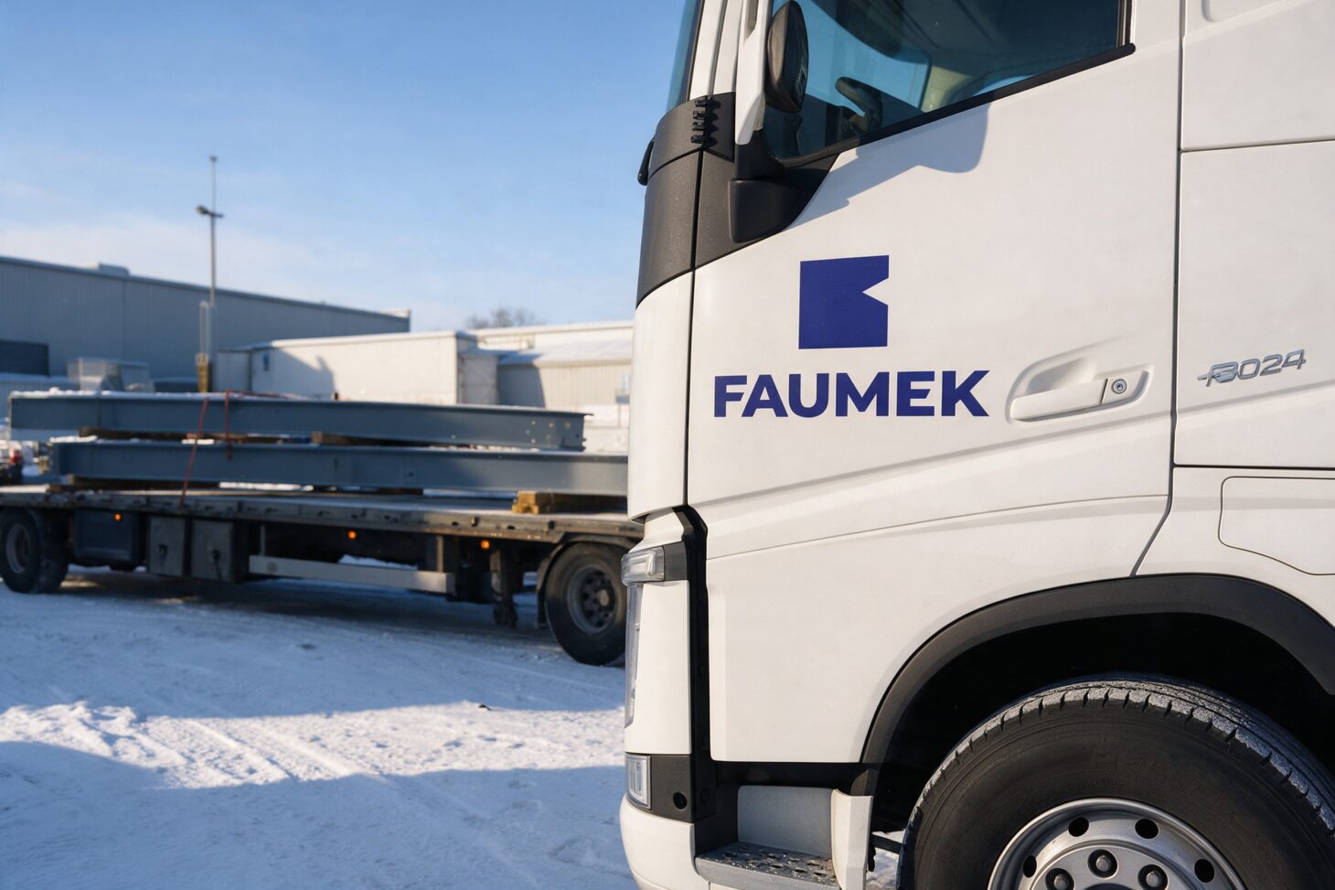 Faumekin logo rekan ovessa teräskuorman edessä