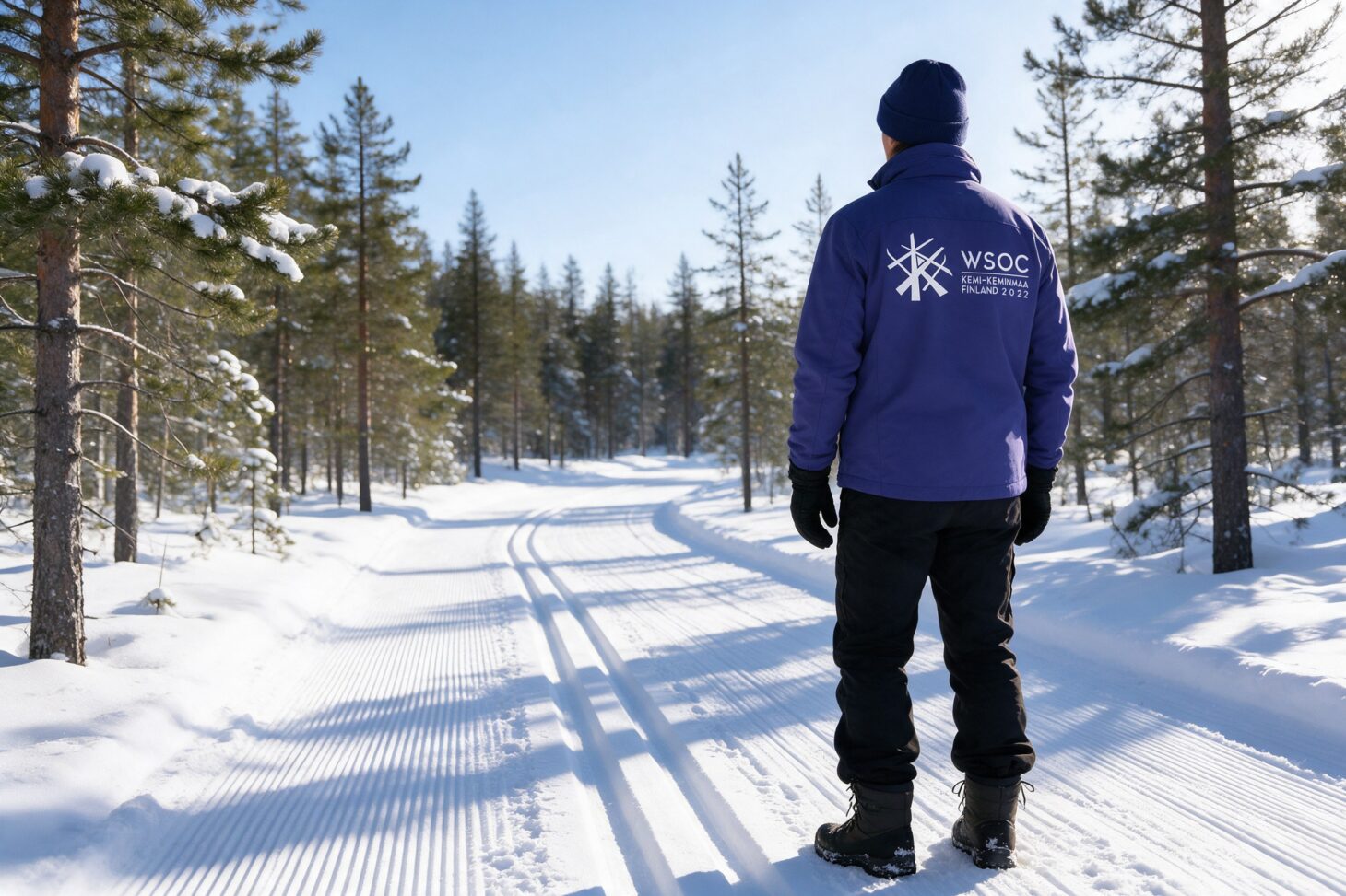 WSOC 2022 -kisojen ilme toimitsijan takin selässä
