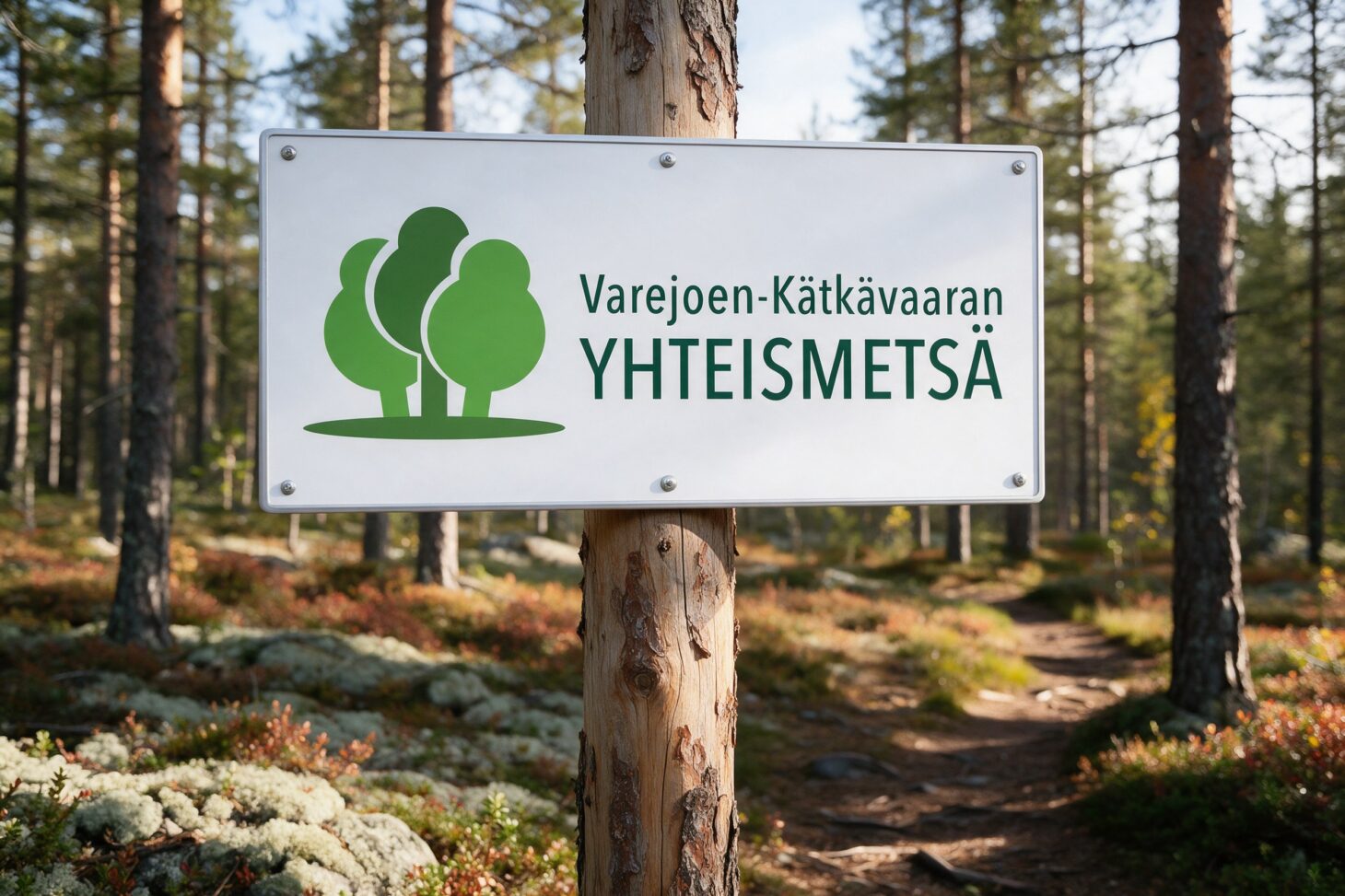 Varejoen-Kätkävaaran yhteismetsän logo kyltissä metsäpolun varrella
