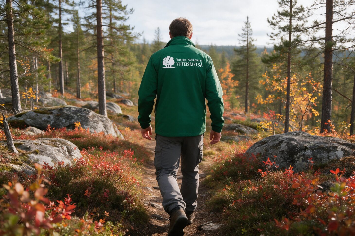 Varejoen-Kätkävaaran yhteismetsän logo takin selässä metsäpolulla