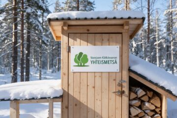 Varejoen-Kätkävaaran yhteismetsän logo liiterin ovessa