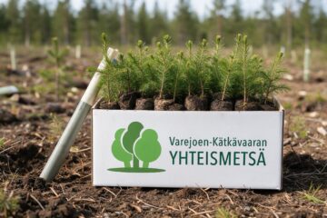 Varejoen-Kätkävaaran yhteismetsän logo taimilaatikossa