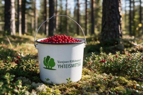 Varejoen-Kätkävaaran yhteismetsän logo puolukkaämpärissä