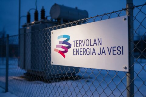 Tervolan Energia ja Veden logo muuntamon aidan kyltissä