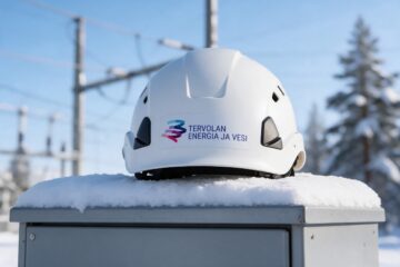 Tervolan Energia ja Veden logo suojakypärässä