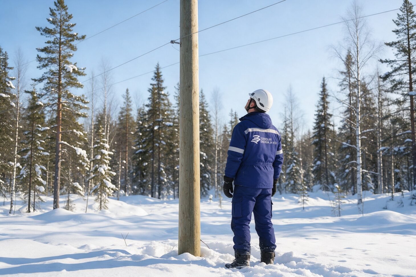 Tervolan Energia ja Veden logo sähköasentajan takin selässä