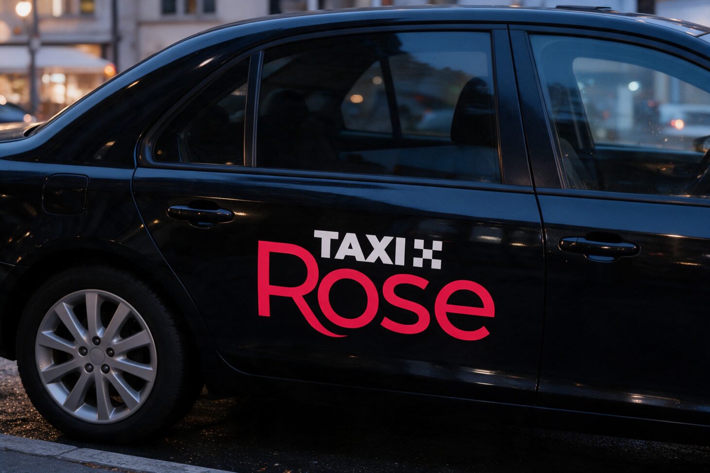 Taxi Rosen logo mustan taksin kyljessä illalla