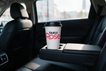 Taxi Rosen logo kahvimukissa taksin takapenkillä