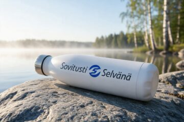 Sovitusti Selvänä -logo juomapullossa järven rannalla