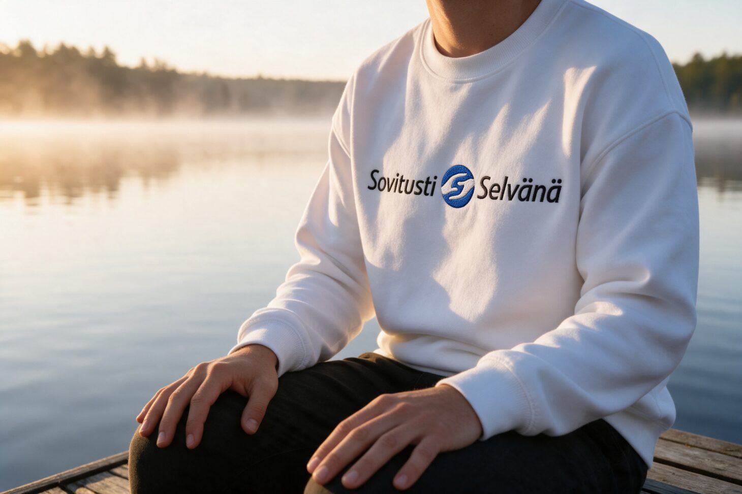 Sovitusti Selvänä -logo brodeerattuna collegepaitaan laiturilla