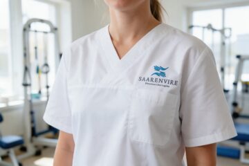 Saarenviren logo brodeerattuna hoitajan työasuun
