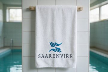 Saarenviren logo brodeerattuna pyyhkeeseen allasosastolla
