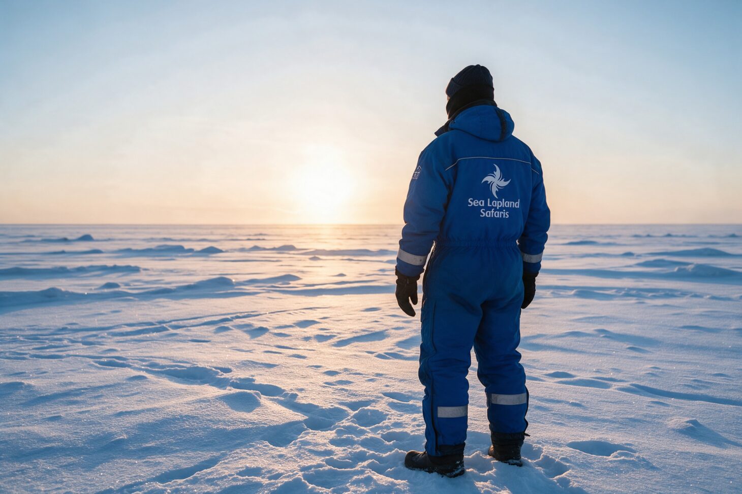 Sea Lapland Safarisin logo oppaan haalarin selässä merenjäällä