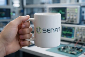 Senfitin logo kahvimukissa laboratoriossa