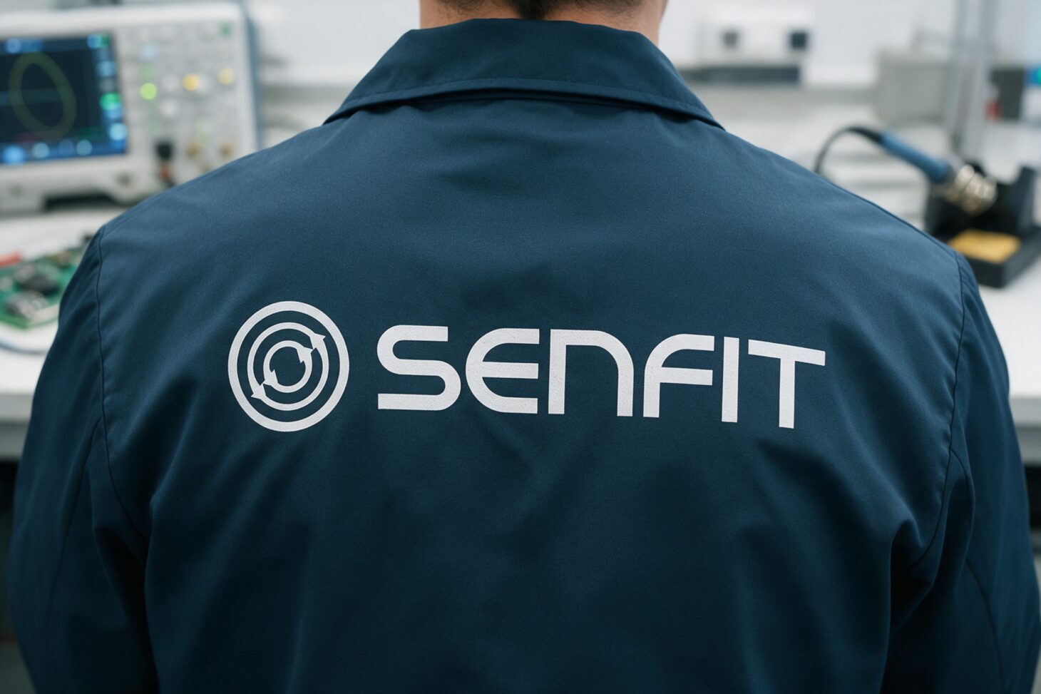Senfitin logo työtakin selässä laboratoriossa