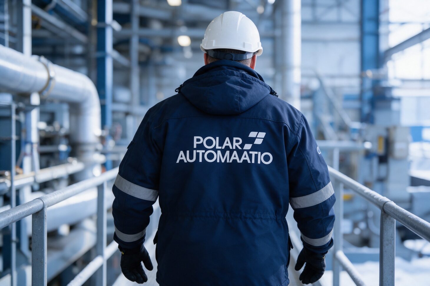 Polar-Automaation logo työtakin selässä tehtaalla