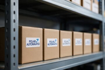 Polar-Automaation logo varaosalaatikoiden tarroissa