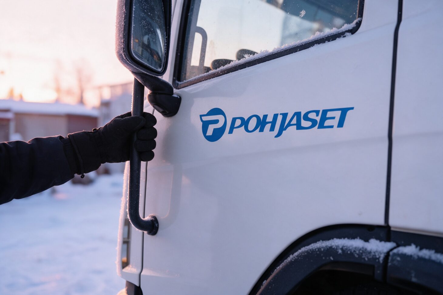 Pohjasten logo kuorma-auton ohjaamon ovessa talvella