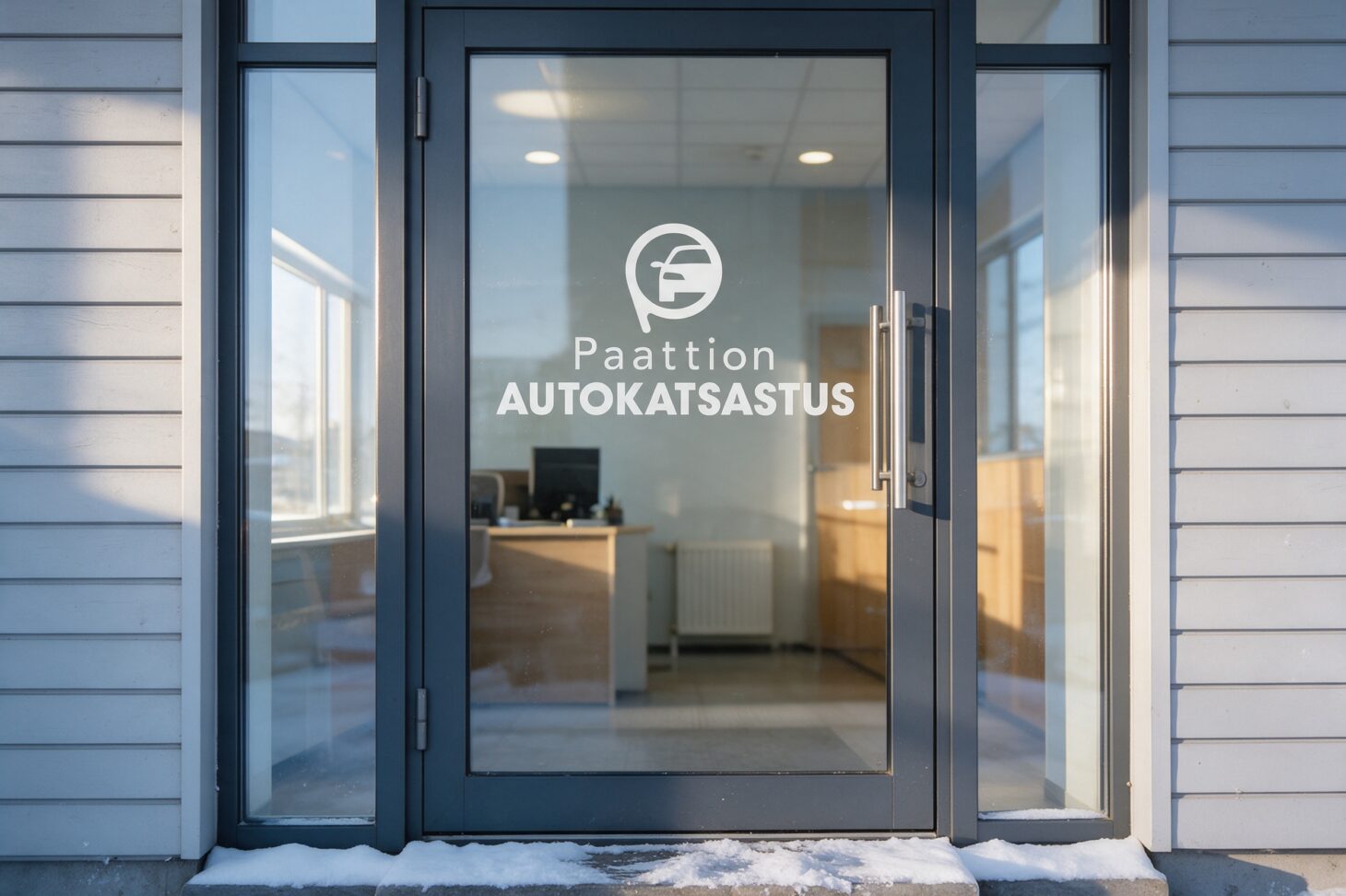 Paattion Autokatsastuksen logo katsastusaseman lasiovessa
