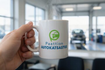 Paattion Autokatsastuksen logo kahvimukissa odotustilassa