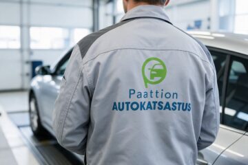 Paattion Autokatsastuksen logo katsastajan työtakin selässä
