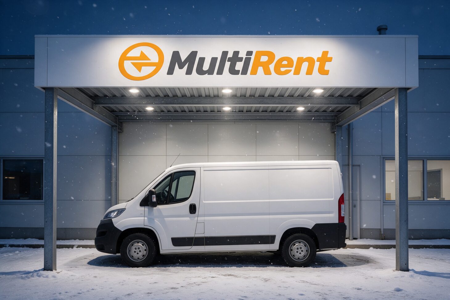 Multirentin logo valokyltissä noutokatoksen päällä