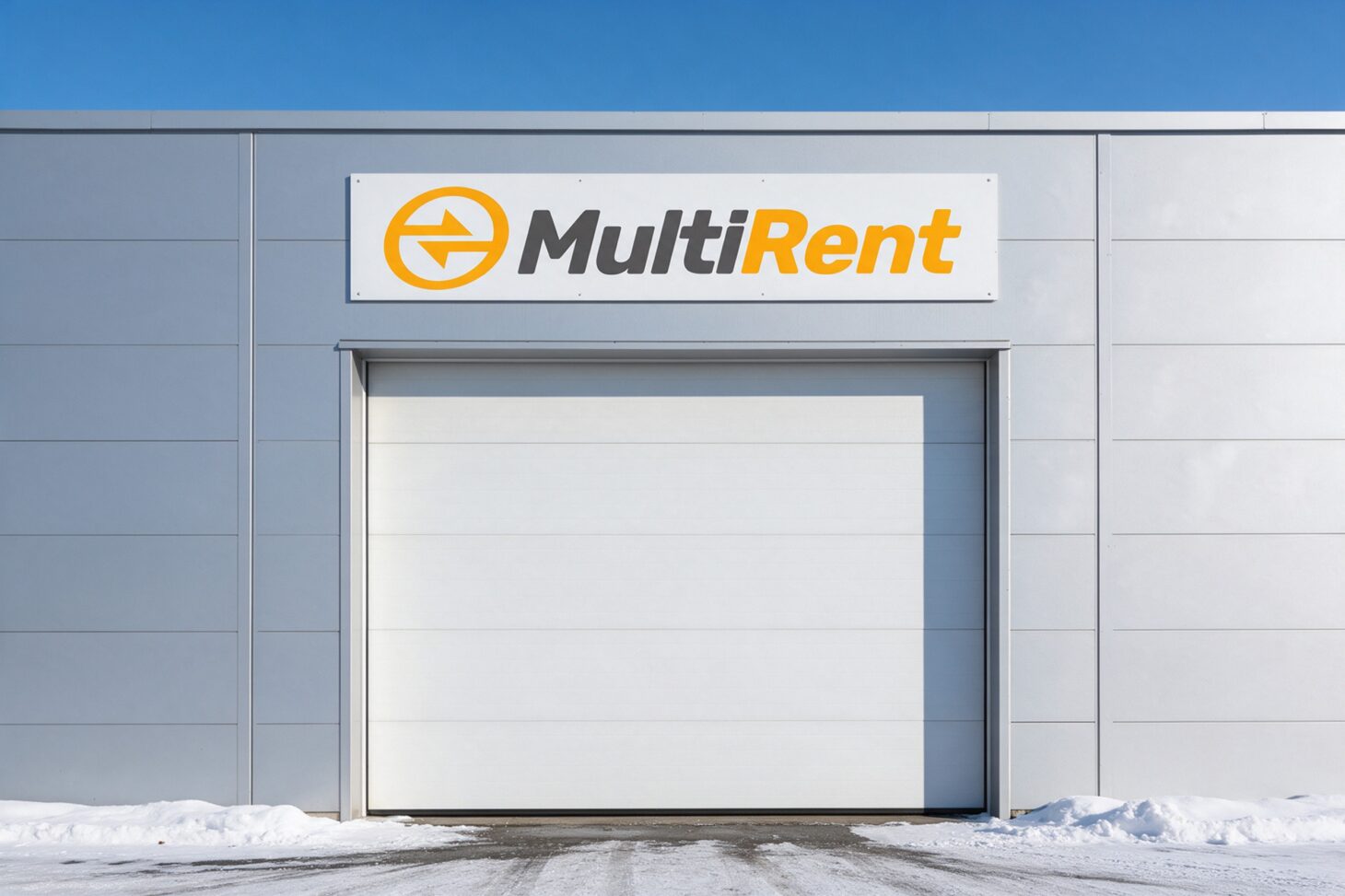 Multirentin logo kyltissä nosto-oven päällä